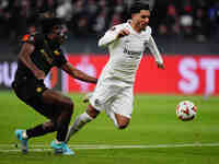 Omar Marmoush of Eintracht Frankfurt  controls the ball during the Eurepa League Round 4 match between Eintracht Frankfurt v SK Slavia Pragu...