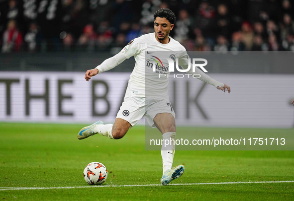 Omar Marmoush of Eintracht Frankfurt  controls the ball during the Eurepa League Round 4 match between Eintracht Frankfurt v SK Slavia Pragu...