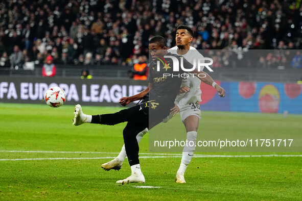 Simion Michez of SK Slavia Prague  controls the ball during the Eurepa League Round 4 match between Eintracht Frankfurt v SK Slavia Prague a...