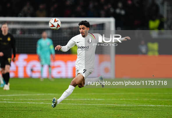 Omar Marmoush of Eintracht Frankfurt  controls the ball during the Eurepa League Round 4 match between Eintracht Frankfurt v SK Slavia Pragu...