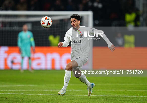 Omar Marmoush of Eintracht Frankfurt  controls the ball during the Eurepa League Round 4 match between Eintracht Frankfurt v SK Slavia Pragu...