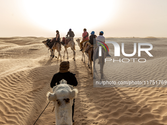 Tourists ride on camels in a caravan on dunes of Eastern Sahara desert on a sunny day on October 30, 2024 near Douz, Tunisia. (