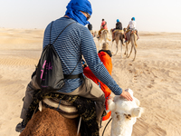 Tourists ride on camels in a caravan on dunes of Eastern Sahara desert on a sunny day on October 30, 2024 near Douz, Tunisia. (