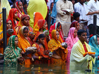 Hindu devotees perform rituals of the 'Chhath Puja' festival at the Shrine Galta Ji temple Kund in Jaipur, Rajasthan, India, on November 7,...