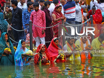 Hindu devotees perform rituals of the 'Chhath Puja' festival at the Shrine Galta Ji temple Kund in Jaipur, Rajasthan, India, on November 7,...