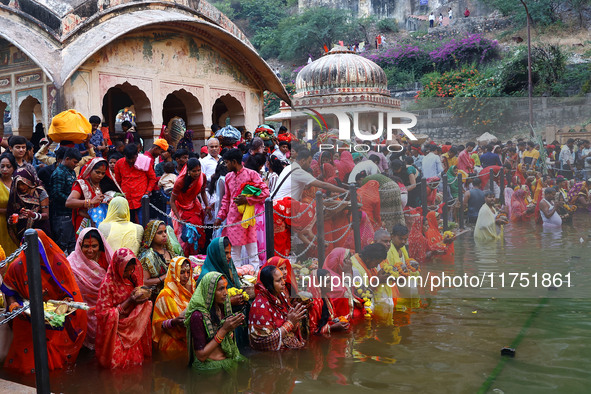 Hindu devotees perform rituals of the 'Chhath Puja' festival at the Shrine Galta Ji temple Kund in Jaipur, Rajasthan, India, on November 7,...