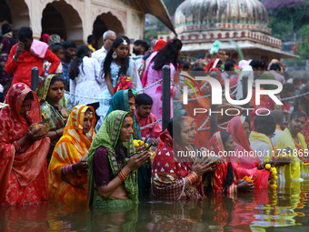 Hindu devotees perform rituals of the 'Chhath Puja' festival at the Shrine Galta Ji temple Kund in Jaipur, Rajasthan, India, on November 7,...