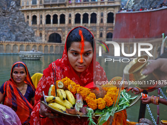 A Hindu devotee performs rituals of the 'Chhath Puja' festival at the Shrine Galta Ji temple Kund in Jaipur, Rajasthan, India, on November 7...