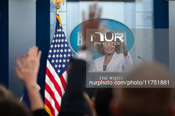 Press Secretary Karine Jean-Pierre takes questions during the daily White House press briefing in Washington, DC, on November 7, 2024.  Most...