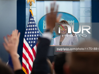 Press Secretary Karine Jean-Pierre takes questions during the daily White House press briefing in Washington, DC, on November 7, 2024.  Most...