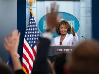 Press Secretary Karine Jean-Pierre takes questions during the daily White House press briefing in Washington, DC, on November 7, 2024.  Most...