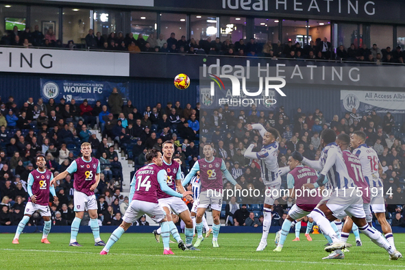 Mason Holgate of WBA is in action in the air during the Sky Bet Championship match between West Bromwich Albion and Burnley at The Hawthorns...