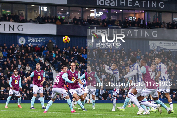 Mason Holgate of WBA is in action in the air during the Sky Bet Championship match between West Bromwich Albion and Burnley at The Hawthorns...