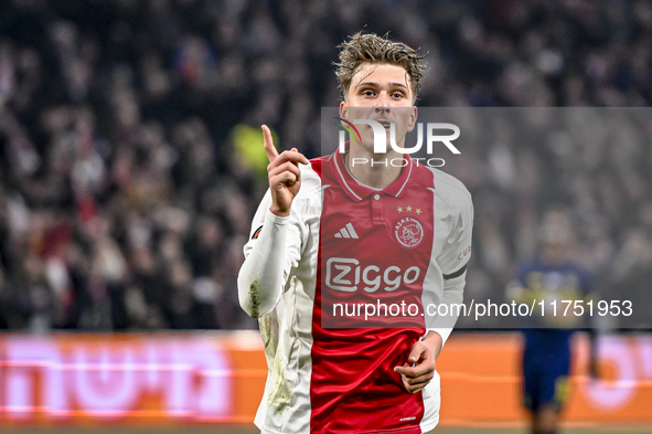 AFC Ajax Amsterdam forward Mika Godts celebrates the 3-0 goal during the match between Ajax and Maccabi Tel Aviv at the Johan Cruijff ArenA...