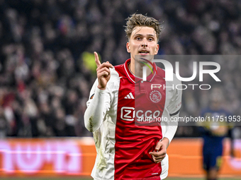 AFC Ajax Amsterdam forward Mika Godts celebrates the 3-0 goal during the match between Ajax and Maccabi Tel Aviv at the Johan Cruijff ArenA...