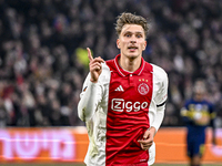 AFC Ajax Amsterdam forward Mika Godts celebrates the 3-0 goal during the match between Ajax and Maccabi Tel Aviv at the Johan Cruijff ArenA...