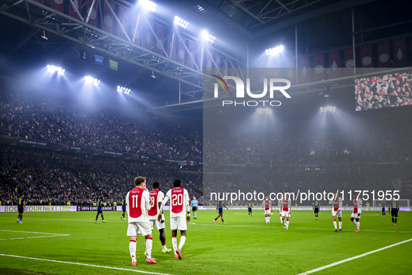 Players of Ajax celebrate the goal of AFC Ajax Amsterdam forward Mika Godts, making the score 3-0, during the match between Ajax and Maccabi...