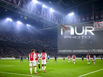 Players of Ajax celebrate the goal of AFC Ajax Amsterdam forward Mika Godts, making the score 3-0, during the match between Ajax and Maccabi...