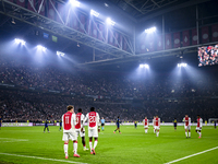 Players of Ajax celebrate the goal of AFC Ajax Amsterdam forward Mika Godts, making the score 3-0, during the match between Ajax and Maccabi...