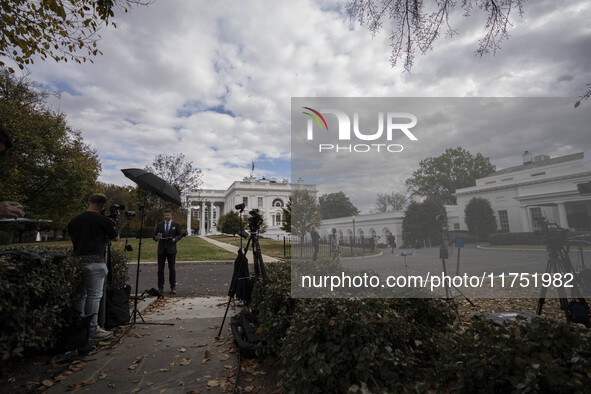 View of the west wing at the White House Press Briefing as Secretary Karine Jean-Pierre talks to the White House pool about the peaceful tra...