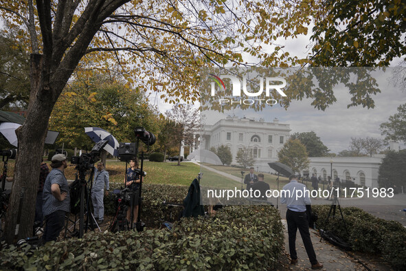 View of the west wing at the White House Press Briefing as Secretary Karine Jean-Pierre talks to the White House pool about the peaceful tra...