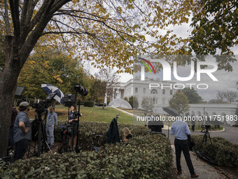 View of the west wing at the White House Press Briefing as Secretary Karine Jean-Pierre talks to the White House pool about the peaceful tra...