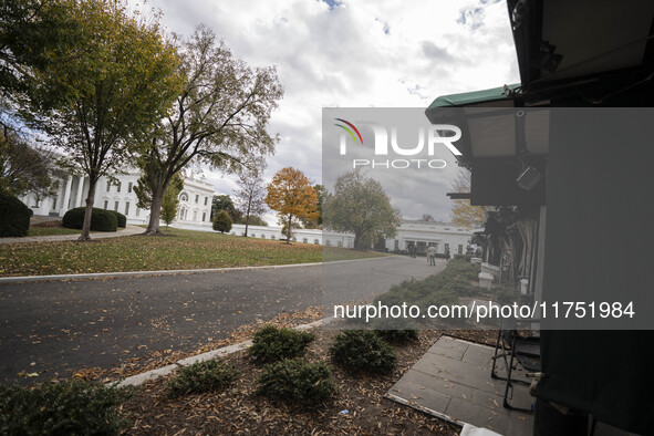 View of the west wing at the White House Press Briefing as Secretary Karine Jean-Pierre talks to the White House pool about the peaceful tra...