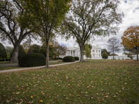 View of the west wing at the White House Press Briefing as Secretary Karine Jean-Pierre talks to the White House pool about the peaceful tra...