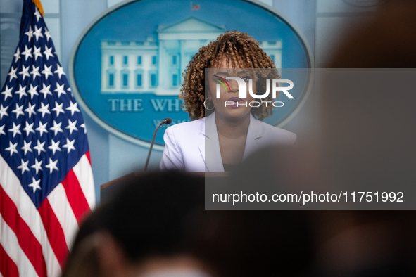 Press Secretary Karine Jean-Pierre conducts the daily White House press briefing in Washington, DC, on November 7, 2024.  Most questions cen...