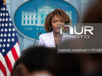 Press Secretary Karine Jean-Pierre conducts the daily White House press briefing in Washington, DC, on November 7, 2024.  Most questions cen...