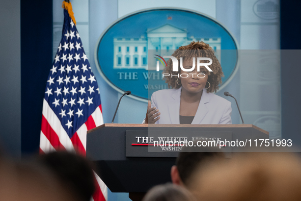 Press Secretary Karine Jean-Pierre conducts the daily White House press briefing in Washington, DC, on November 7, 2024.  Most questions cen...