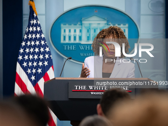 Press Secretary Karine Jean-Pierre conducts the daily White House press briefing in Washington, DC, on November 7, 2024.  Most questions cen...