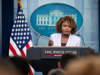 Press Secretary Karine Jean-Pierre conducts the daily White House press briefing in Washington, DC, on November 7, 2024.  Most questions cen...