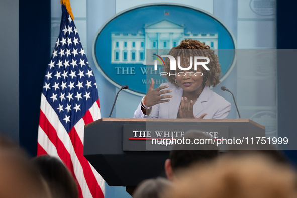 Press Secretary Karine Jean-Pierre conducts the daily White House press briefing in Washington, DC, on November 7, 2024.  Most questions cen...