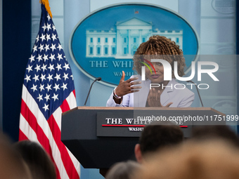 Press Secretary Karine Jean-Pierre conducts the daily White House press briefing in Washington, DC, on November 7, 2024.  Most questions cen...