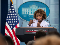 Press Secretary Karine Jean-Pierre conducts the daily White House press briefing in Washington, DC, on November 7, 2024.  Most questions cen...