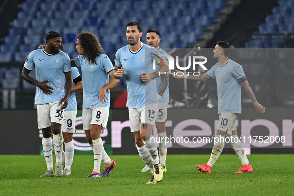 Alessio Romagnoli of S.S. Lazio celebrates after scoring the goal of 1-0 during the UEFA Europa League 2024/25 League Phase MD4 match betwee...