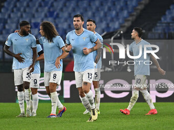 Alessio Romagnoli of S.S. Lazio celebrates after scoring the goal of 1-0 during the UEFA Europa League 2024/25 League Phase MD4 match betwee...