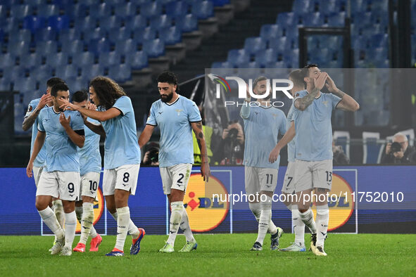 Alessio Romagnoli of S.S. Lazio celebrates after scoring the goal of 1-0 during the UEFA Europa League 2024/25 League Phase MD4 match betwee...