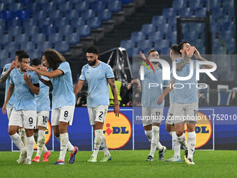 Alessio Romagnoli of S.S. Lazio celebrates after scoring the goal of 1-0 during the UEFA Europa League 2024/25 League Phase MD4 match betwee...