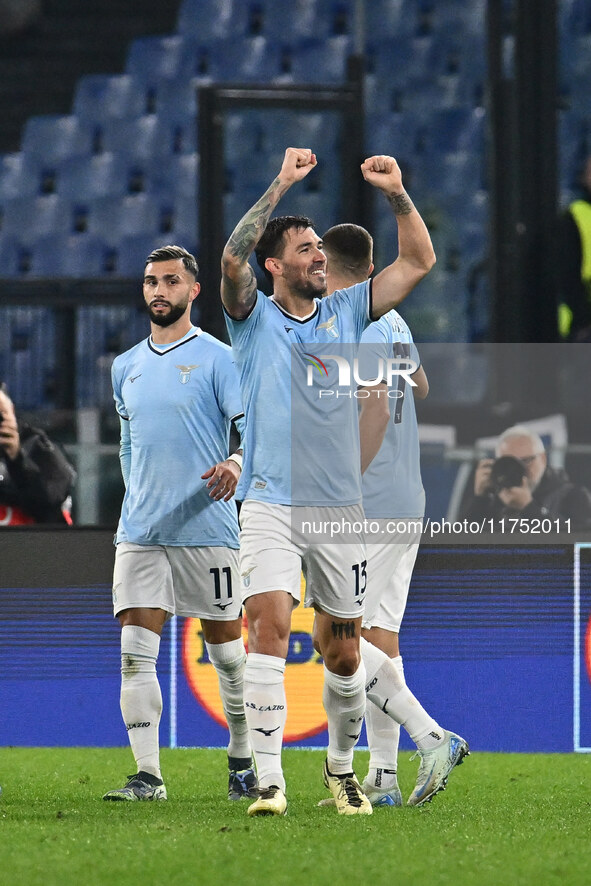 Alessio Romagnoli of S.S. Lazio celebrates after scoring the goal of 1-0 during the UEFA Europa League 2024/25 League Phase MD4 match betwee...