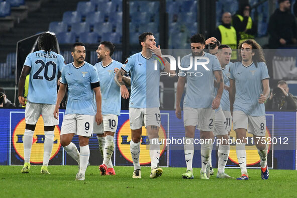 Alessio Romagnoli of S.S. Lazio celebrates after scoring the goal of 1-0 during the UEFA Europa League 2024/25 League Phase MD4 match betwee...