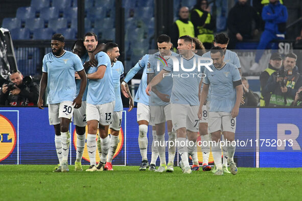 Alessio Romagnoli of S.S. Lazio celebrates after scoring the goal of 1-0 during the UEFA Europa League 2024/25 League Phase MD4 match betwee...