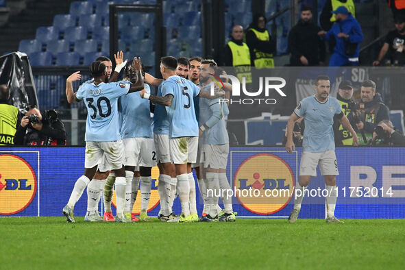 Alessio Romagnoli of S.S. Lazio celebrates after scoring the goal of 1-0 during the UEFA Europa League 2024/25 League Phase MD4 match betwee...