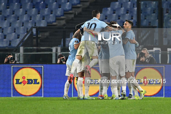 Alessio Romagnoli of S.S. Lazio celebrates after scoring the goal of 1-0 during the UEFA Europa League 2024/25 League Phase MD4 match betwee...