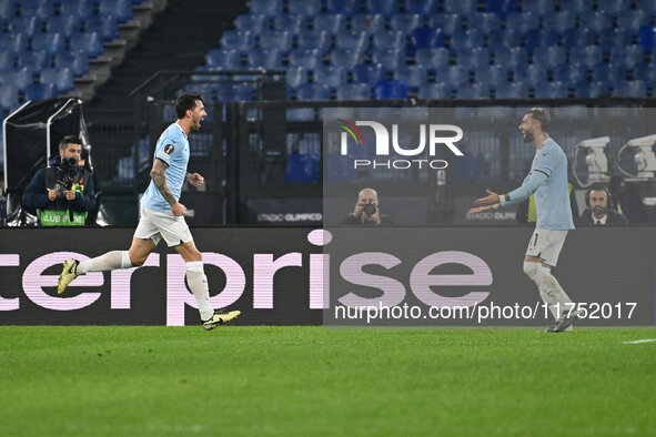 Alessio Romagnoli of S.S. Lazio celebrates after scoring the goal of 1-0 during the UEFA Europa League 2024/25 League Phase MD4 match betwee...