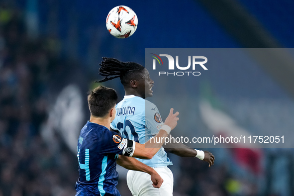 Francisco Moura of FC Porto and Loum Tchaouna of SS Lazio jump for the ball during the UEFA Europa League 2024/25 League Phase MD4 match bet...