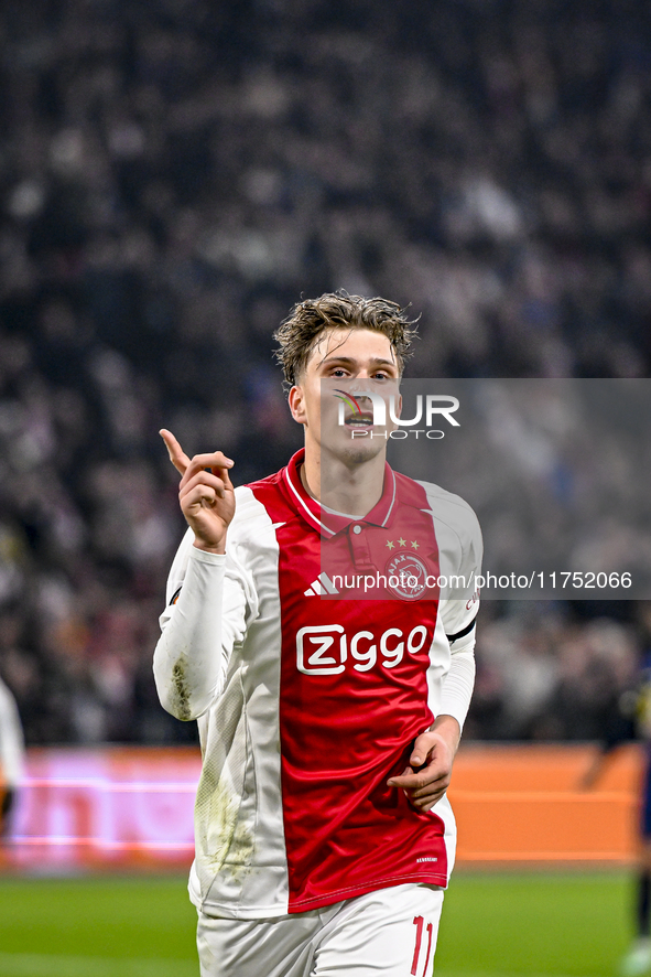 AFC Ajax Amsterdam forward Mika Godts celebrates the 3-0 goal during the match between Ajax and Maccabi Tel Aviv at the Johan Cruijff ArenA...