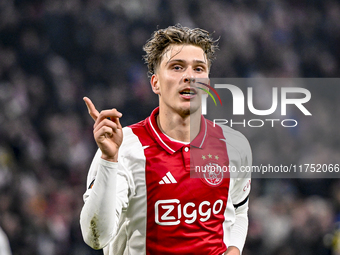 AFC Ajax Amsterdam forward Mika Godts celebrates the 3-0 goal during the match between Ajax and Maccabi Tel Aviv at the Johan Cruijff ArenA...