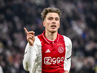 AFC Ajax Amsterdam forward Mika Godts celebrates the 3-0 goal during the match between Ajax and Maccabi Tel Aviv at the Johan Cruijff ArenA...